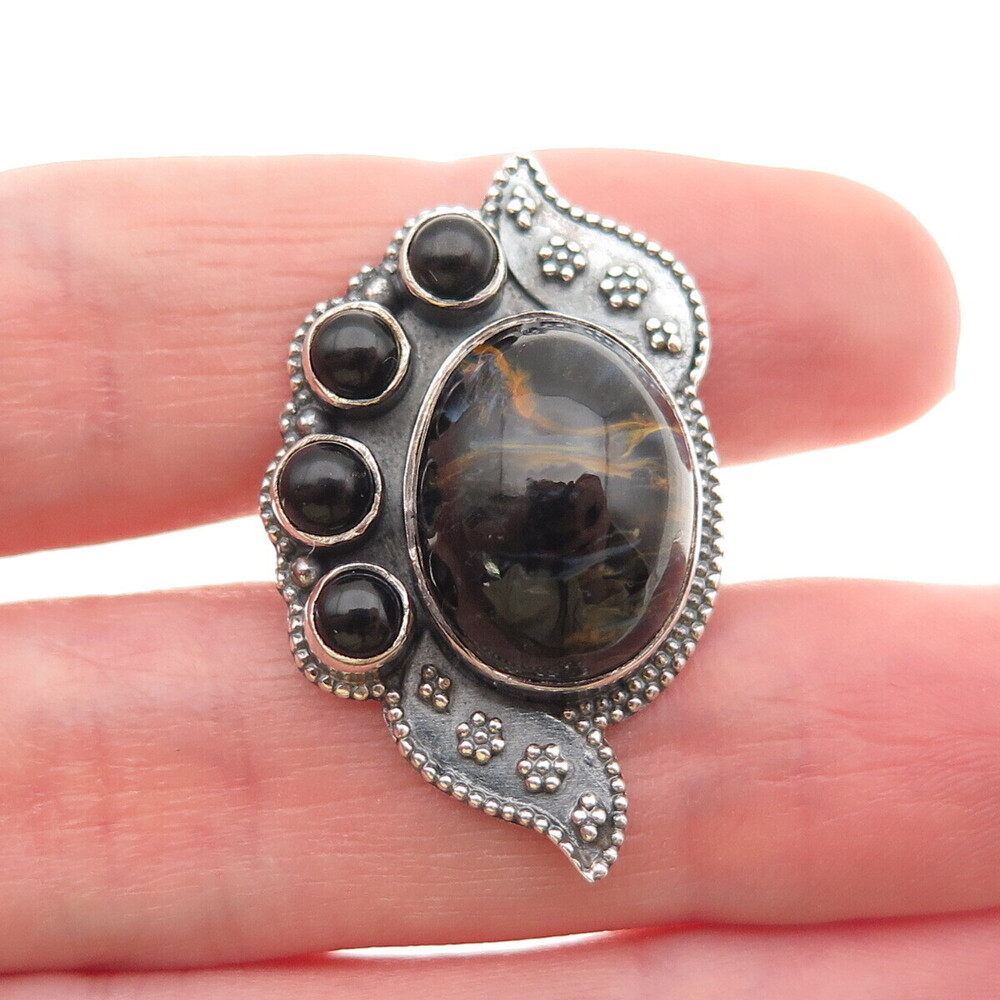 925 Sterling Silver Vintage Real Black Tiger Eye & Onyx Modernist Ring Size 6.25 - Picture 3 of 8